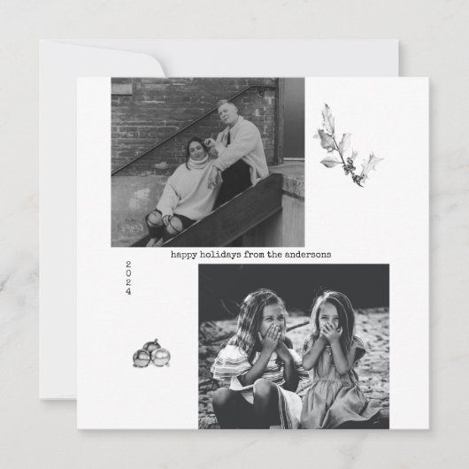 Minimale kerstfoto's met zwarte en witte kunst feestdagenkaart (Voorkant)