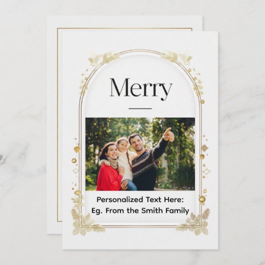Minimale kerstkaart ‘Merry’ met boog en voorzijde (Voorkant / Achterkant)