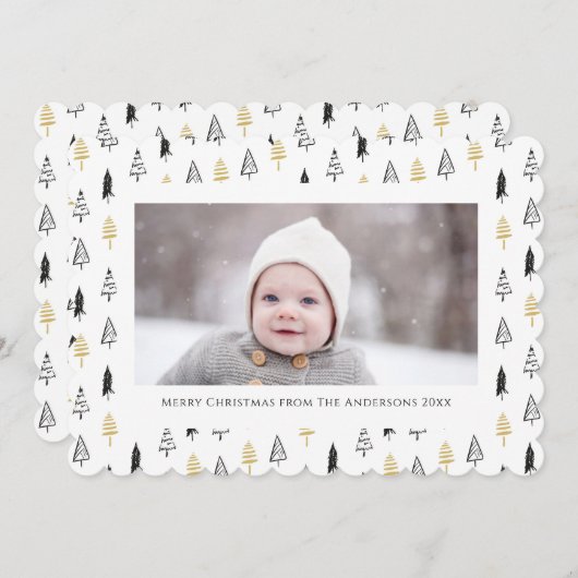 Minimale kerstviering met gouden zwarte pine-boom feestdagenkaart (Voorkant / Achterkant)