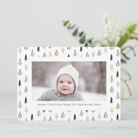 Minimale kerstviering met gouden zwarte pine-boom feestdagenkaart (Staand voorkant)