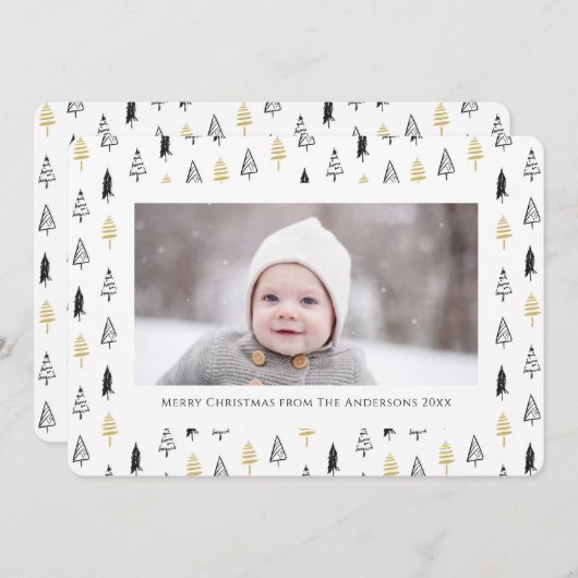 Minimale kerstviering met gouden zwarte pine-boom feestdagenkaart (Voorkant / Achterkant)