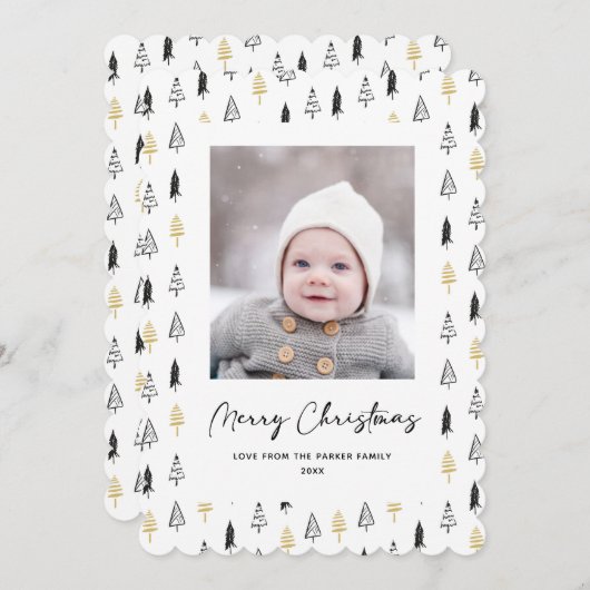 Minimale kerstviering met gouden zwarte pine-boom feestdagenkaart (Voorkant / Achterkant)