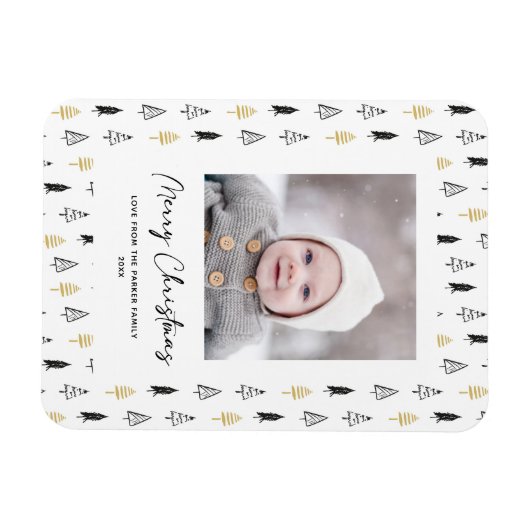 Minimale kerstviering met gouden zwarte pine-boom magneet (Horizontaal)