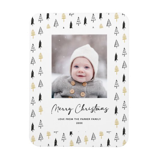 Minimale kerstviering met gouden zwarte pine-boom magneet (Verticaal)