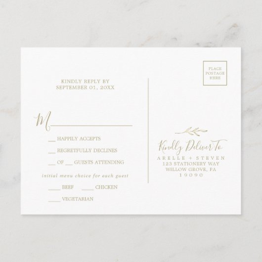 Minimale keuze uit het Leaf Gold Menu RSVP-Briefka (Achterkant)