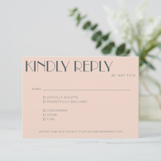 Minimale keuze voor Elegant Blush Art Deco Wedding RSVP Kaartje (Staand voorkant)