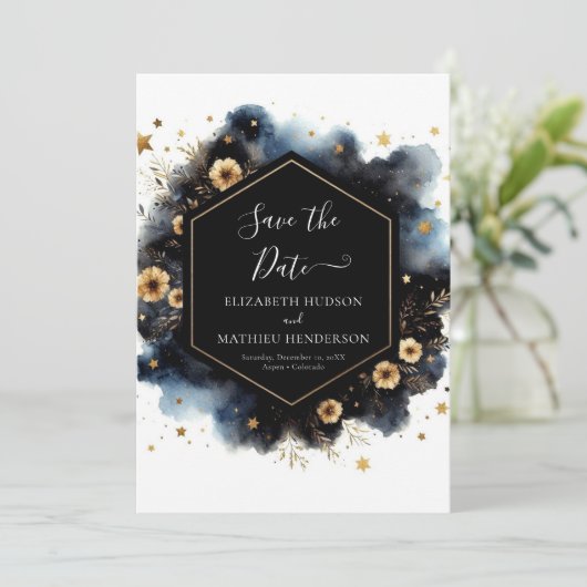 Minimale klassieke hemelse bruiloft save the date (Staand voorkant)