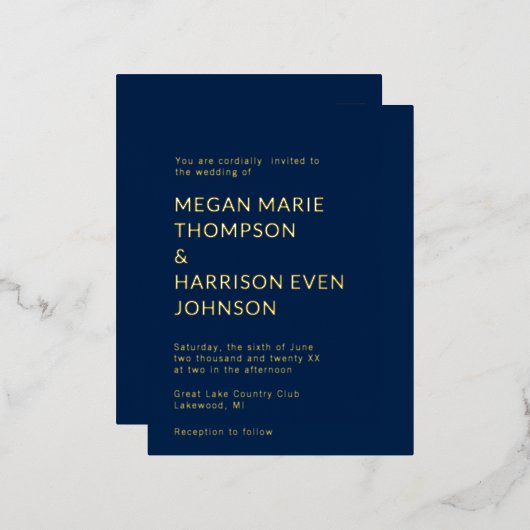 Minimale klassieke huwelijksuitnodiging folie uitnodiging briefkaart (Voorkant / Achterkant)