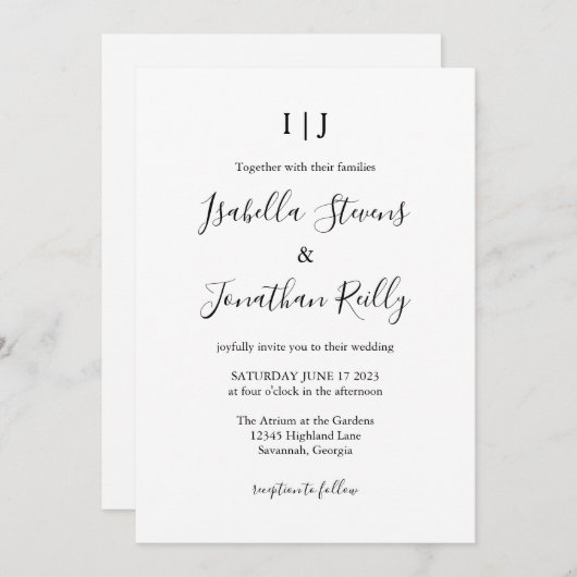 Minimale klassieke zwarte en witte bruiloft kaart (Voorkant / Achterkant)