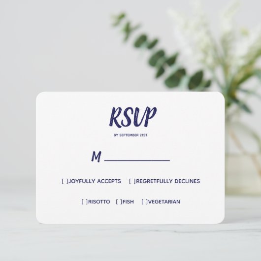 Minimale kleur Navy Blue | Bruiloft RSVP Maaltijd  Kaartje (Staand voorkant)