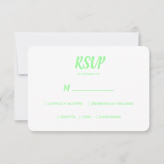 Minimale kleur Neon Groene Bruiloft RSVP Maaltijdk (Voorkant)