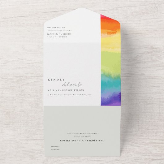 Minimale kleurrijke pride regenboogbruiloft QR-COD All In One Uitnodiging (Buitenkant)