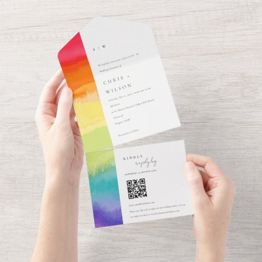 Minimale kleurrijke pride regenboogbruiloft QR-COD All In One Uitnodiging (Afscheurbaar)