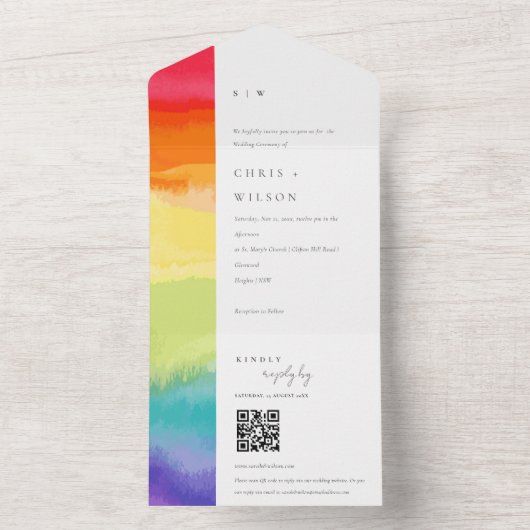 Minimale kleurrijke pride regenboogbruiloft QR-COD All In One Uitnodiging (Binnen)