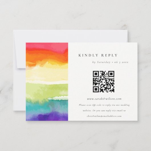 Minimale kleurrijke pride regenboogzeggende QR-cod RSVP Kaartje (Voorkant)