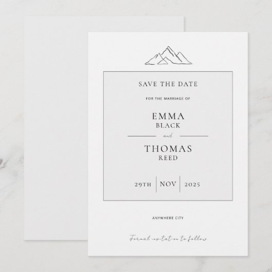 Minimale kleutergrootte van het EMMA-gebergte Save The Date (Voorkant / Achterkant)