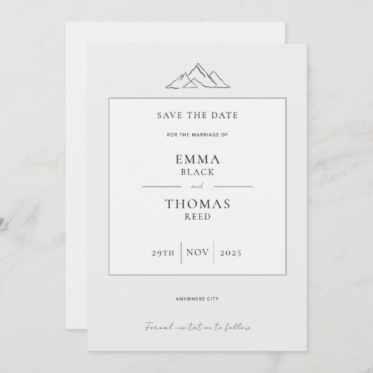 Minimale kleutergrootte van het EMMA-gebergte Save The Date (Voorkant / Achterkant)