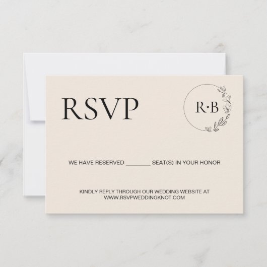 Minimale krans Monogram Zwart en Cream bruiloft RSVP Kaartje (Voorkant)