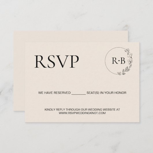 Minimale krans Monogram Zwart en Cream bruiloft RSVP Kaartje (Voorkant / Achterkant)