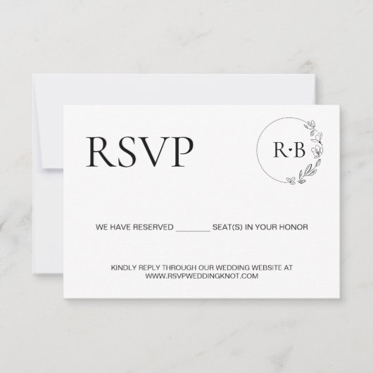 Minimale krans Monogram Zwart-wit bruiloft RSVP Kaartje (Voorkant)