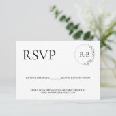 Minimale krans Monogram Zwart-wit bruiloft RSVP Kaartje (Staand voorkant)