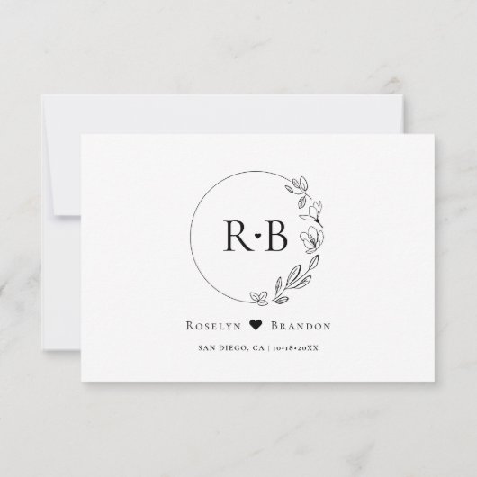 Minimale krans Monogram Zwart-wit bruiloft RSVP Kaartje (Achterkant)