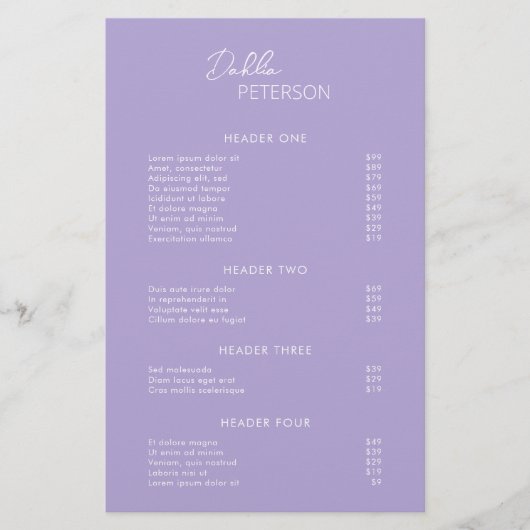 Minimale Lavendel Moderne Zakelijke Prijslijst Flyer (Voorkant)