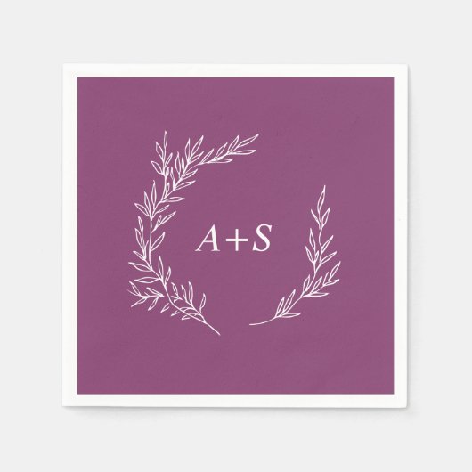 Minimale Leaf Berry Paarse Monogram Bruiloft Serve Servet (Voorkant)