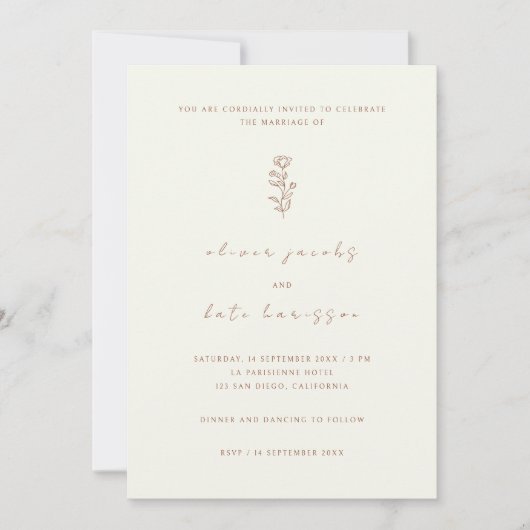 Minimale Leaf Cream Beige Voor & Achterbruiloft Kaart (Voorkant)