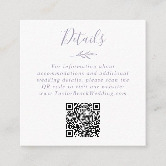 Minimale Leaf Dusty Paarse QR Code Bruiloft Detail Informatiekaartje (Voorkant)