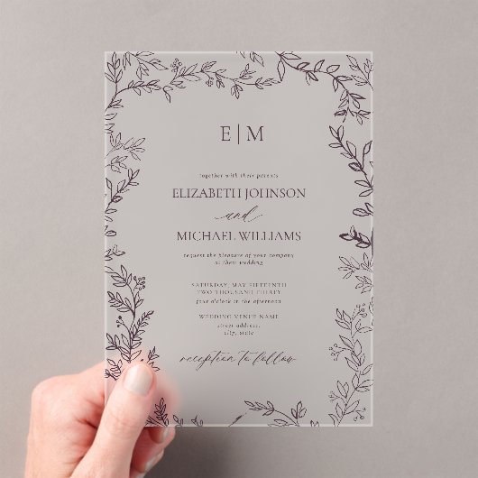 Minimale Leaf Plum Paars Elegant Monogram Weddensc Acryl Uitnodigingen (Insitu (Draagbaar))
