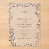 Minimale Leaf Plum Paars Elegant Monogram Weddensc Acryl Uitnodigingen (Voorkant)