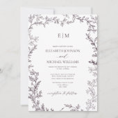 Minimale Leaf Plum Paars Elegant Monogram Weddensc Kaart (Voorkant)