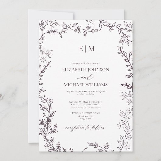 Minimale Leaf Plum Paars Elegant Monogram Weddensc Kaart (Voorkant)