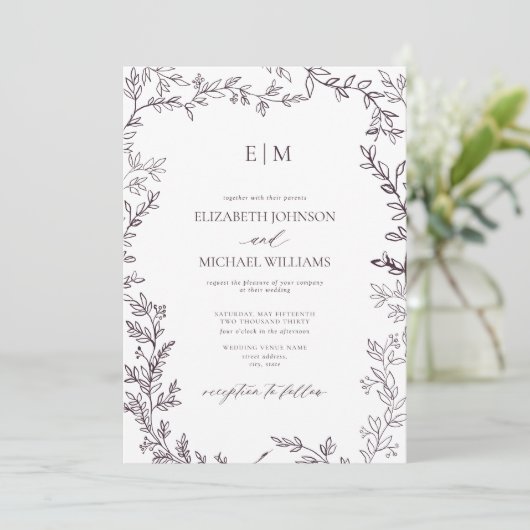 Minimale Leaf Plum Paars Elegant Monogram Weddensc Kaart (Staand voorkant)