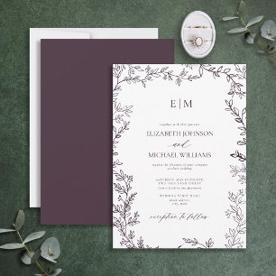 Minimale Leaf Plum Paars Elegant Monogram Weddensc Kaart