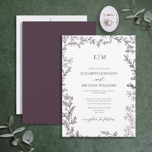 Minimale Leaf Plum Paars Elegant Monogram Weddensc Kaart