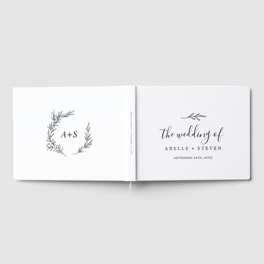Minimale Leaf Zwart-wit Monogram Terug Bruiloft Gastenboek (Volledig)