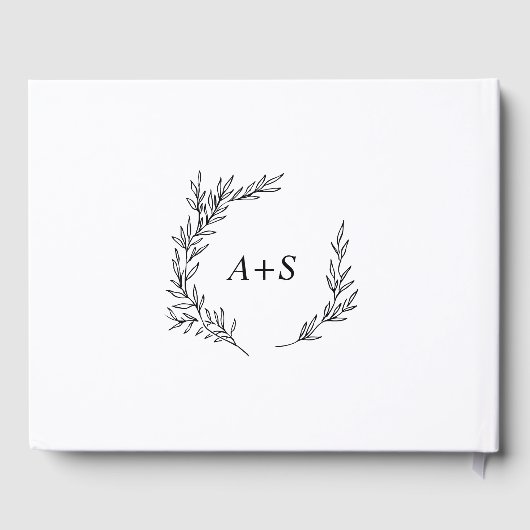 Minimale Leaf Zwart-wit Monogram Terug Bruiloft Gastenboek (Achterkant)