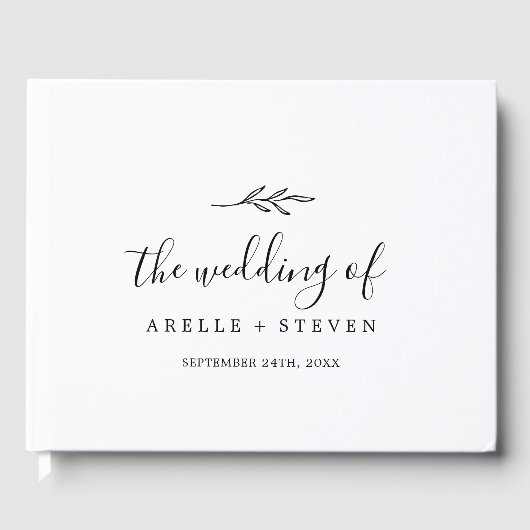 Minimale Leaf Zwart-wit Monogram Terug Bruiloft Gastenboek (Voorkant)