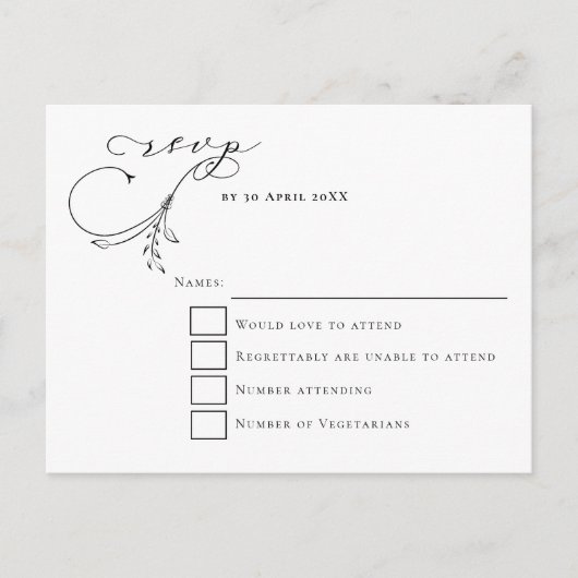 Minimale Leafy Black Script typografie Bruiloft RS Briefkaart (Voorkant)