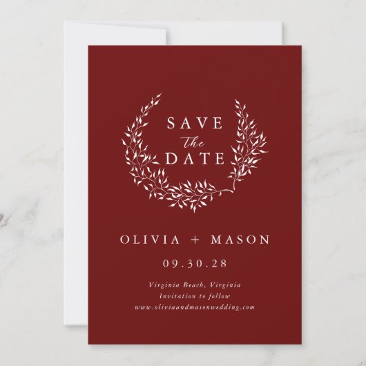 Minimale Leafy Wreath Burgundy Save the Date (Voorkant)