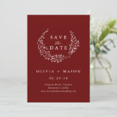 Minimale Leafy Wreath Burgundy Save the Date (Staand voorkant)