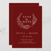 Minimale Leafy Wreath Burgundy Save the Date (Voorkant / Achterkant)