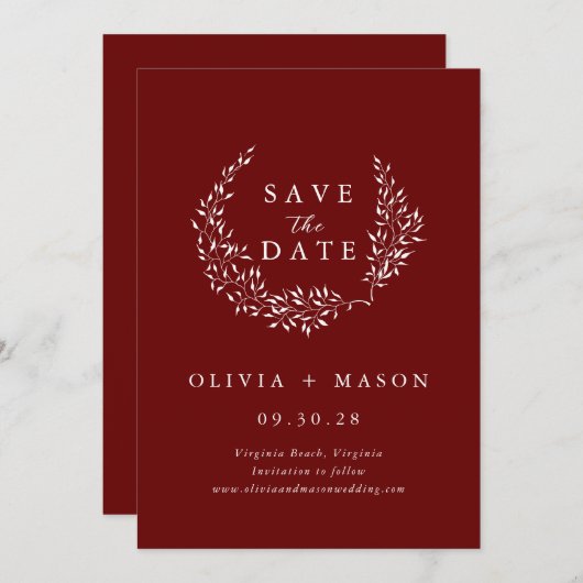 Minimale Leafy Wreath Burgundy Save the Date (Voorkant / Achterkant)