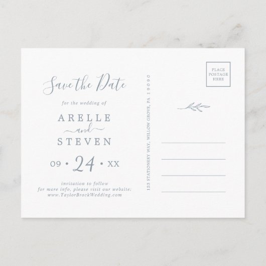 Minimale lebben | Dusty Blue Save the Date Uitnodiging Briefkaart (Achterkant)