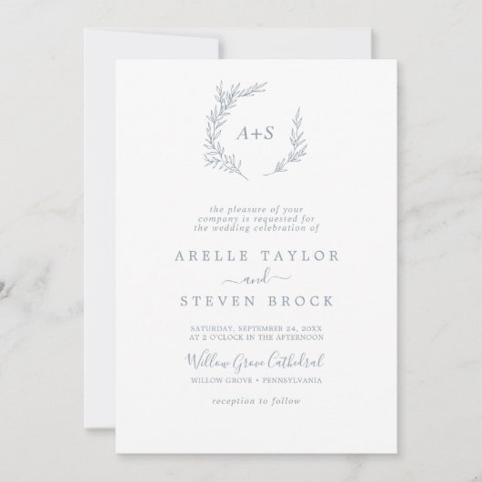 Minimale lebben | Dusty Blue Small Monogram Wedden Kaart (Voorkant)