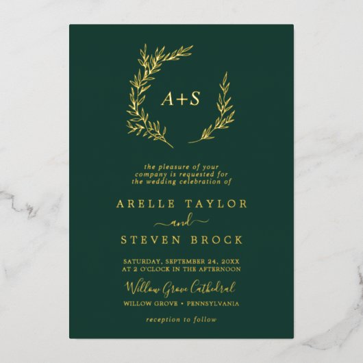 Minimale lebben | Gold Foil Emerald Monogram Wedde Folie Uitnodiging (Voorkant)
