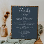 Minimale lebben | Menu Slate Blue Wedding Drinken Poster<br><div class="desc">Dit minimale bladblad blauw bruiloft drink menu poster is perfect voor een elegante bruiloft. Het ontwerp is voorzien van een eenvoudig groen silhouet in een donkergrijs blauw met een klassieke minimalistische stijl.</div>