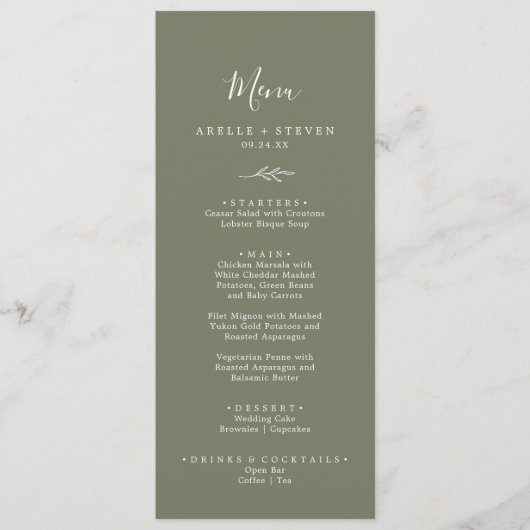 Minimale lebben | Olive Green Weddenrenmenu Menu (Voorkant)